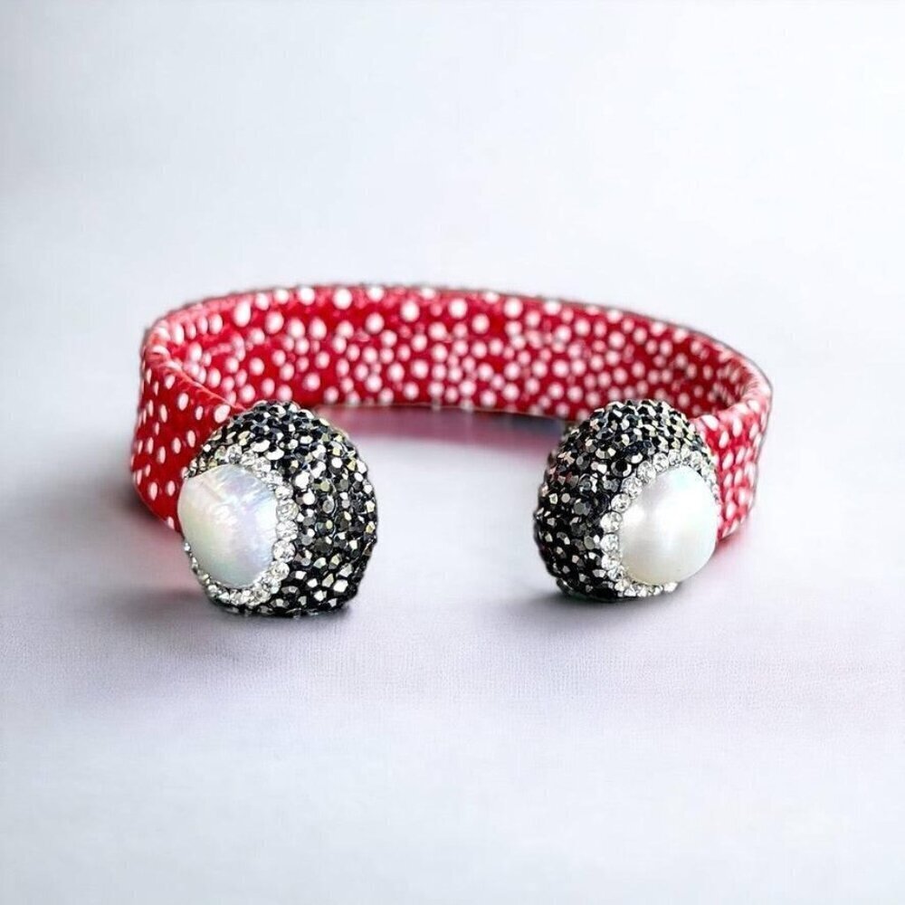 Red Stingray Open Cuff Bracelet with Pearls and Rhinestones